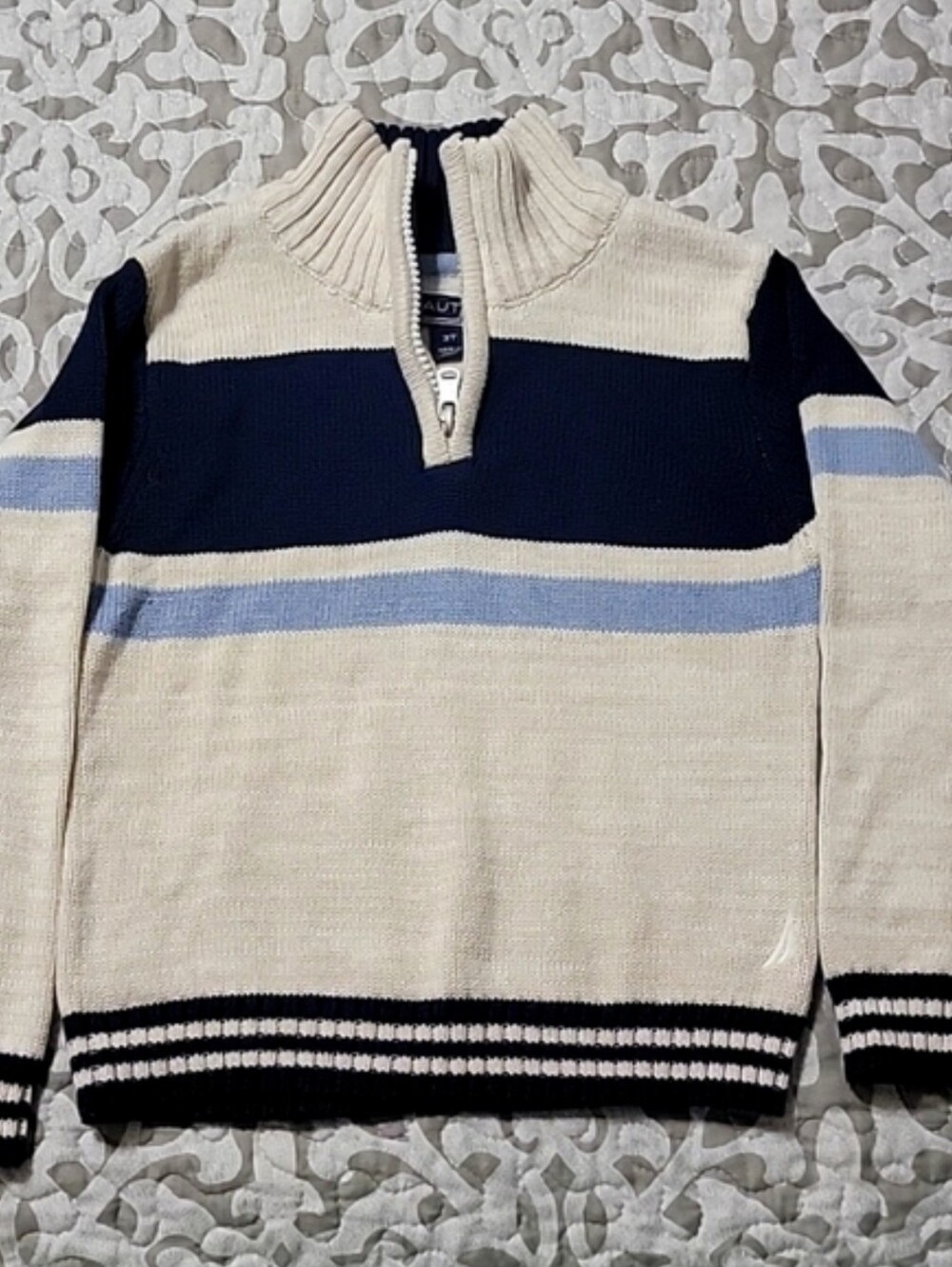 NAUTICA Toddler Boy Cream & Navy Quarter-Zip Striped Sweater